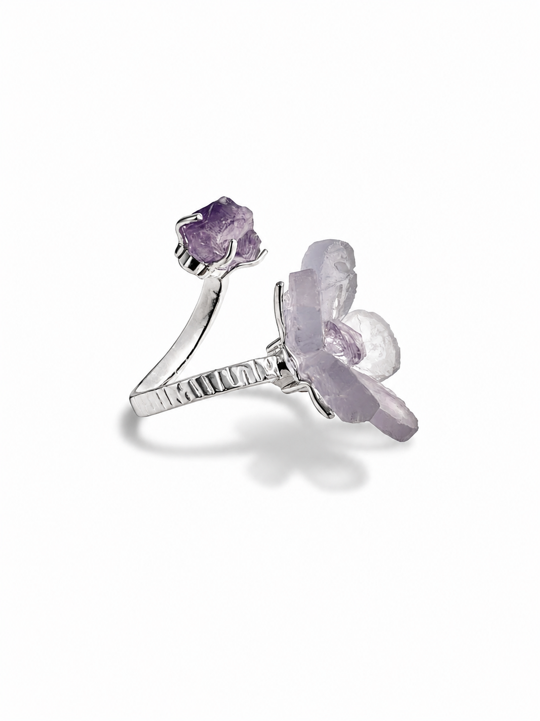 Side view of Purple Fluorite and Amethyst crystal flower ring