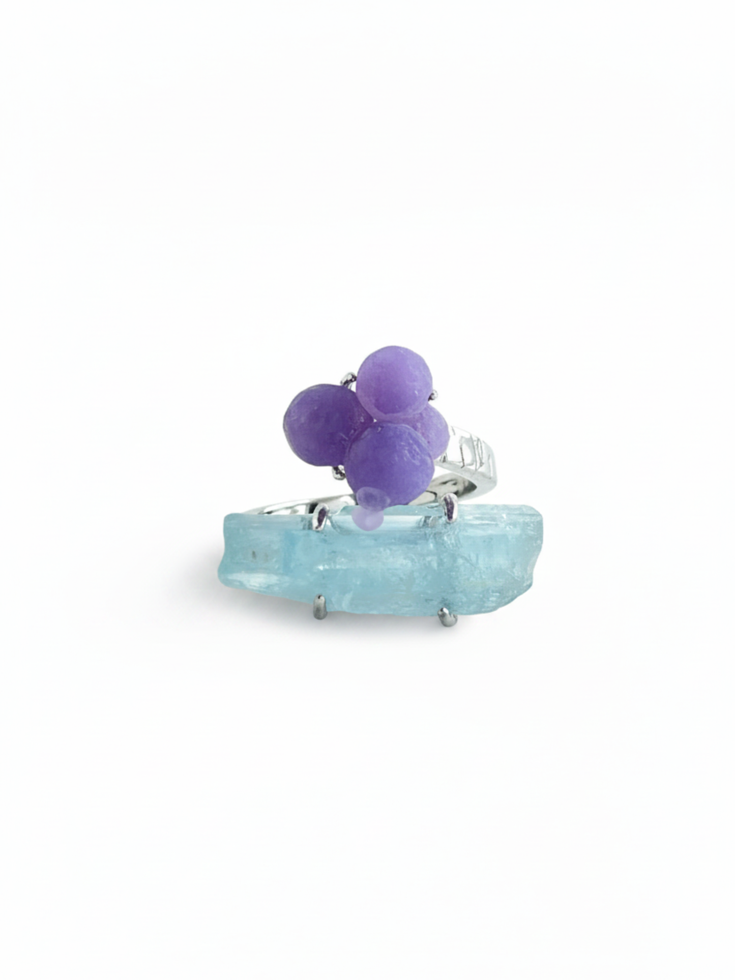 Purple grape agate and aquamarine ring front view with rounded purple agate cluster and blue aquamarine crystal
