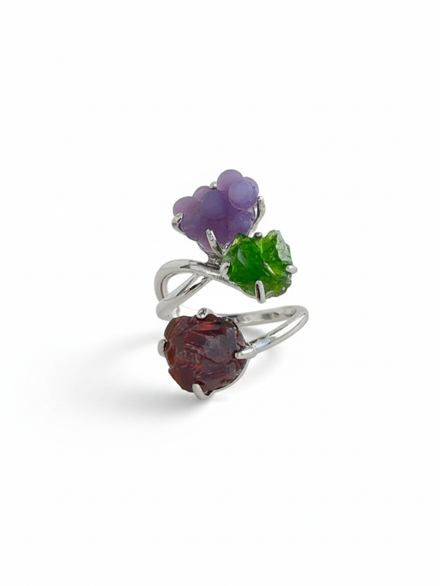 Purple grape agate, chrome diopside and raw garnet ring front view