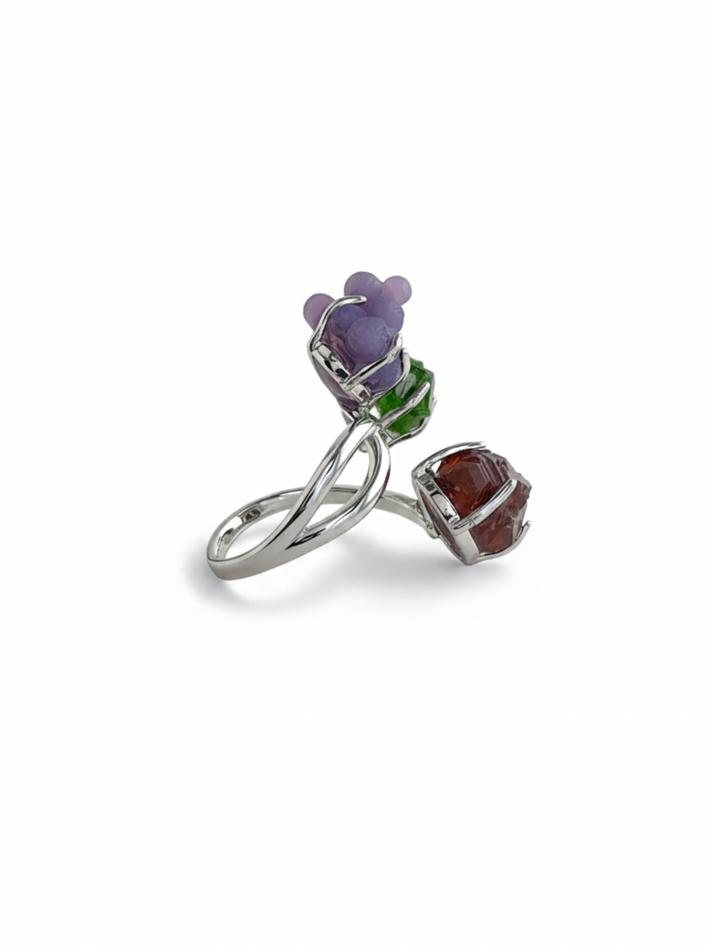 Side view of purple grape agate, chrome diopside and raw garnet crystal ring