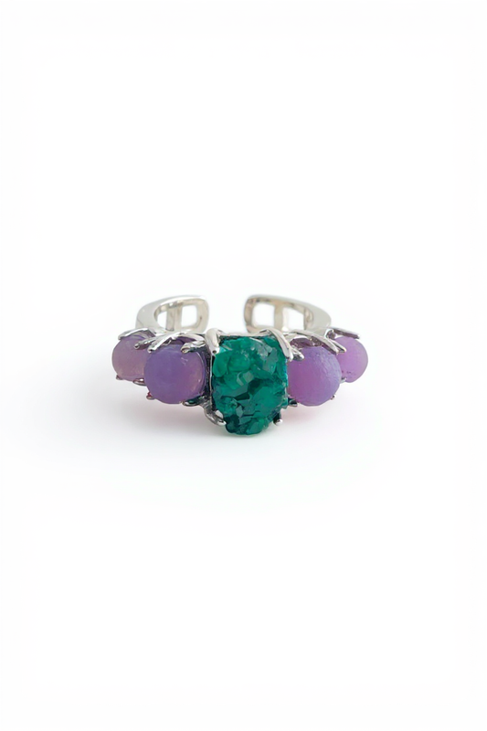 Purple Grape Agate and Dioptase ring front view by Oryssia