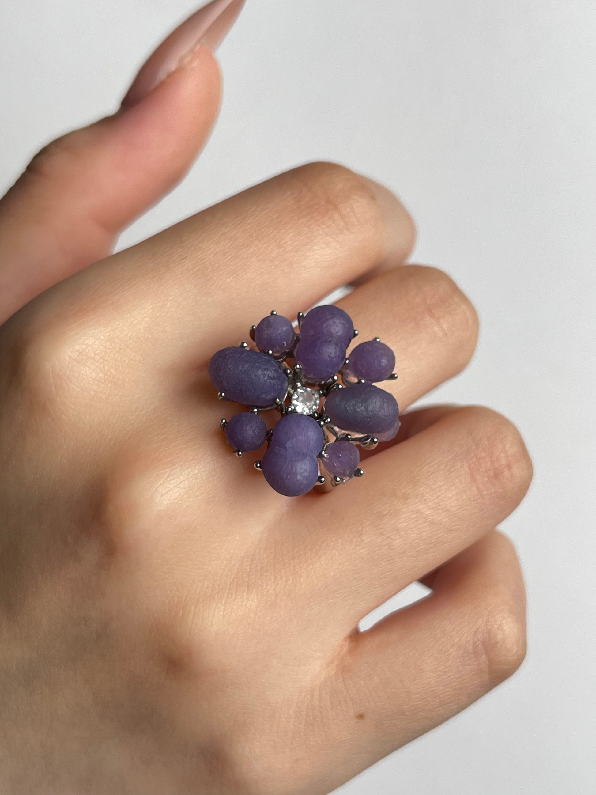 Close up of purple grape agate cluster ring worn on hand