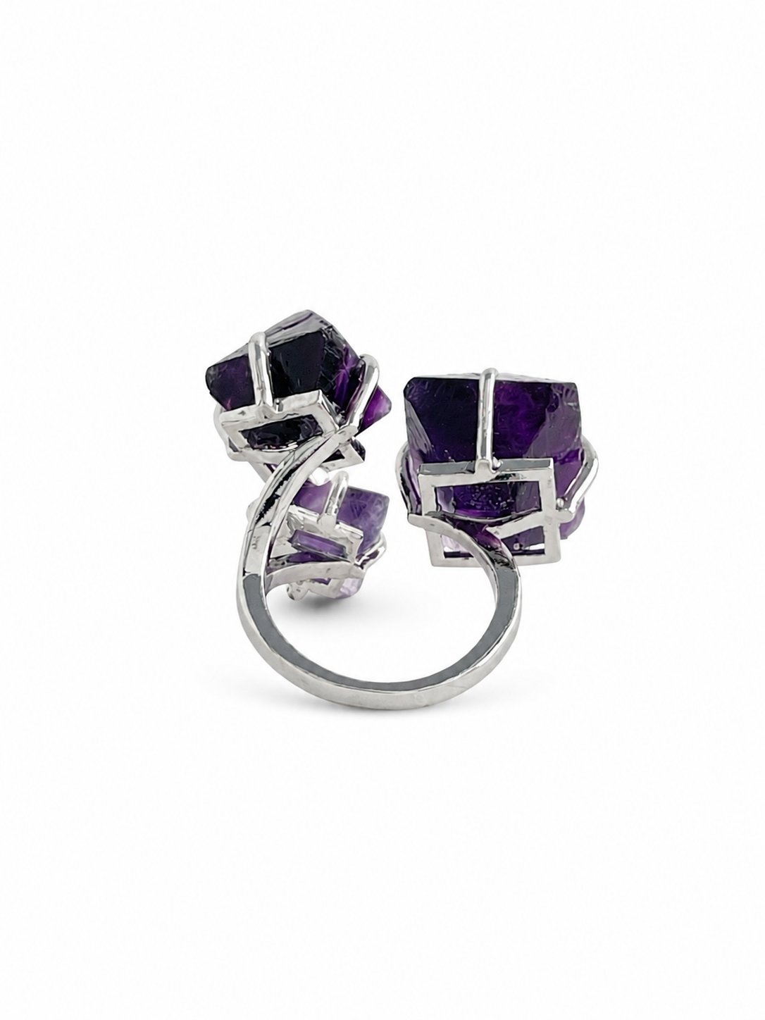 Back view of purple octahedral fluorite mineral specimen ring