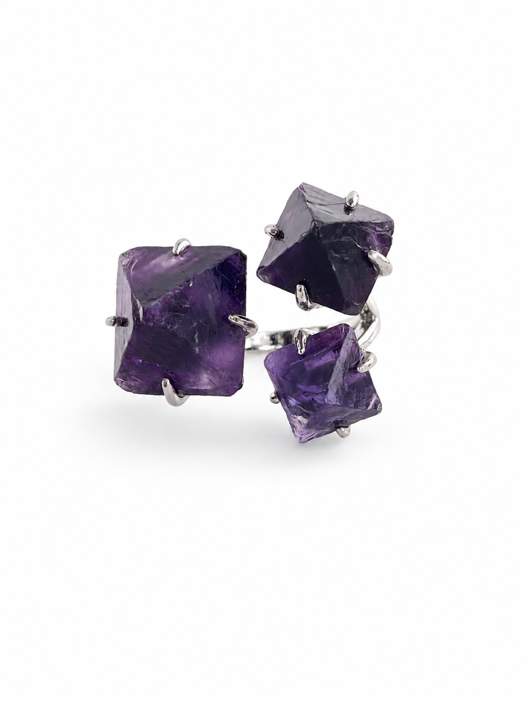 Purple octahedral fluorite ring front view with natural geometric crystal shape