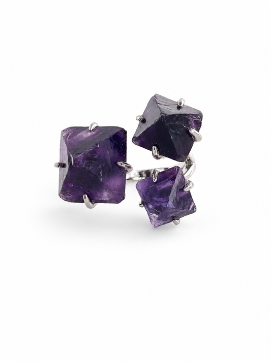 Purple octahedral fluorite ring front view with natural geometric crystal shape
