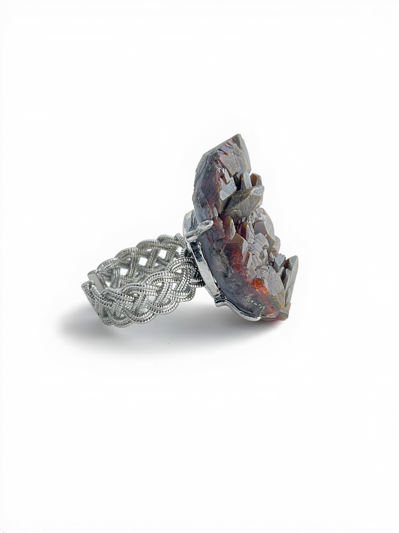 Pyrite on Calcite mineral specimen ring side view