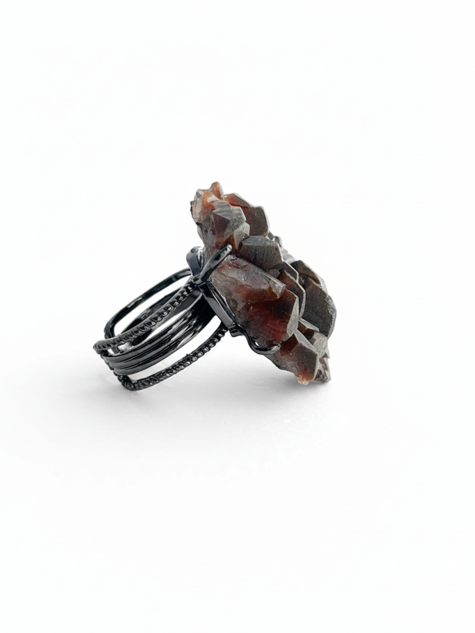 Pyrite on Calcite mineral specimen ring side view