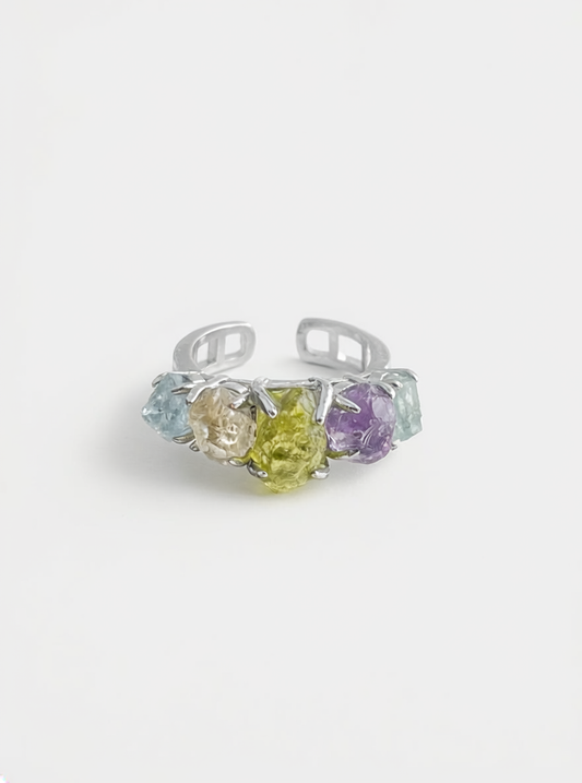Rainbow Raw Crystal Ring – Aquamarine, Citrine, Peridot, Amethyst & Blue Apatite