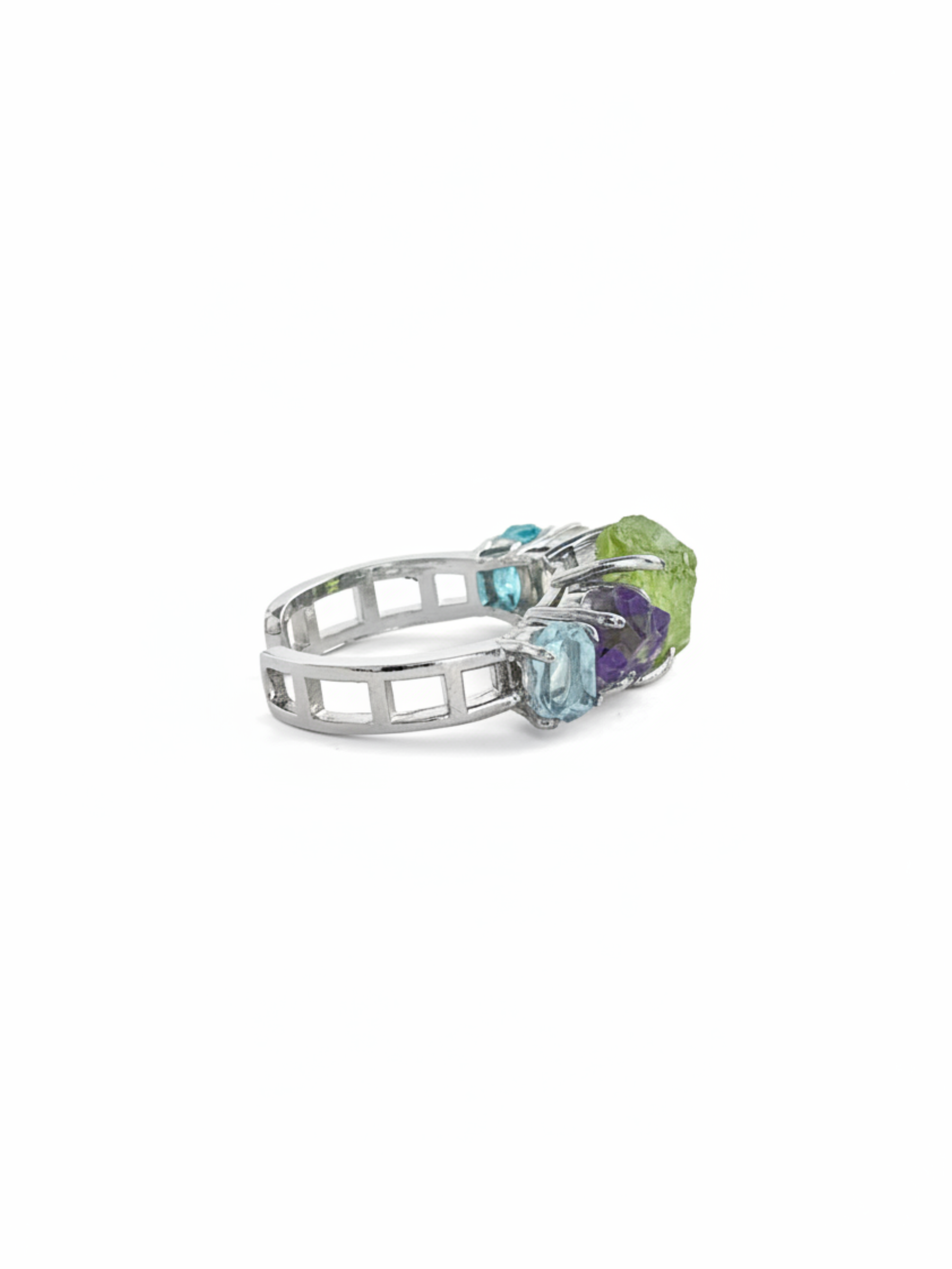Side view of rainbow raw crystal ring with aquamarine citrine peridot amethyst and blue