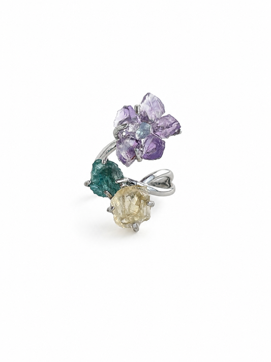 Raw amethyst flower, aquamarine, blue apatite and citrine crystal garden ring front view