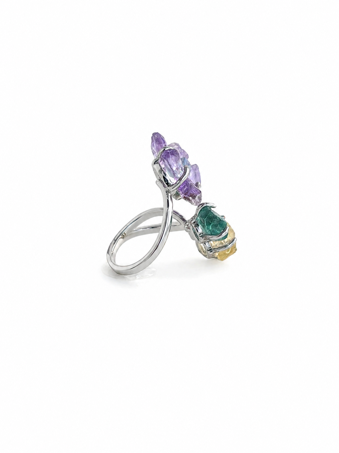 Side view of raw amethyst flower crystal garden ring with aquamarine, blue apatite and citrine