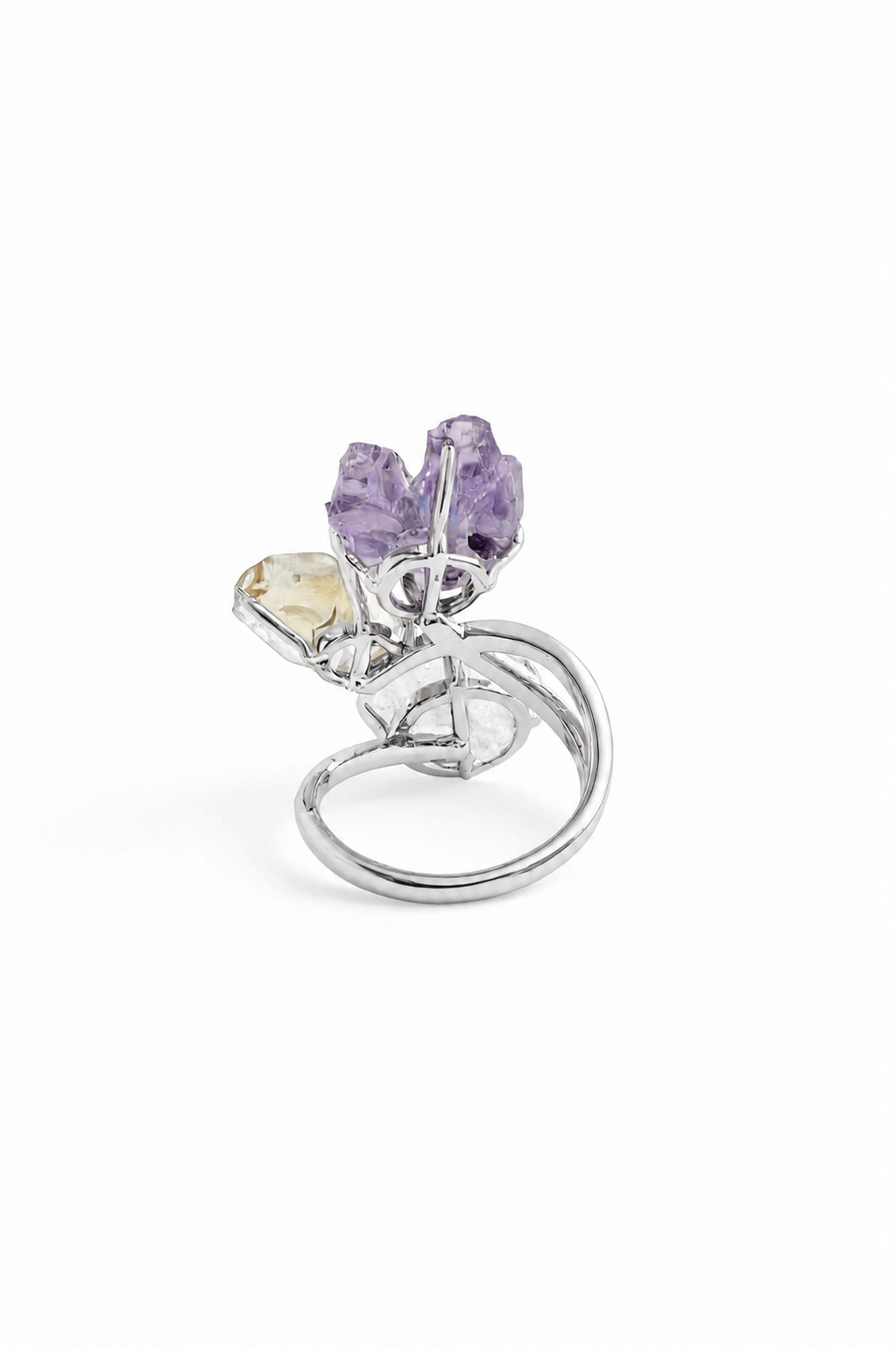 Back view of raw amethyst flower, blue apatite, citrine and apophyllite crystal ring with silver-tone band