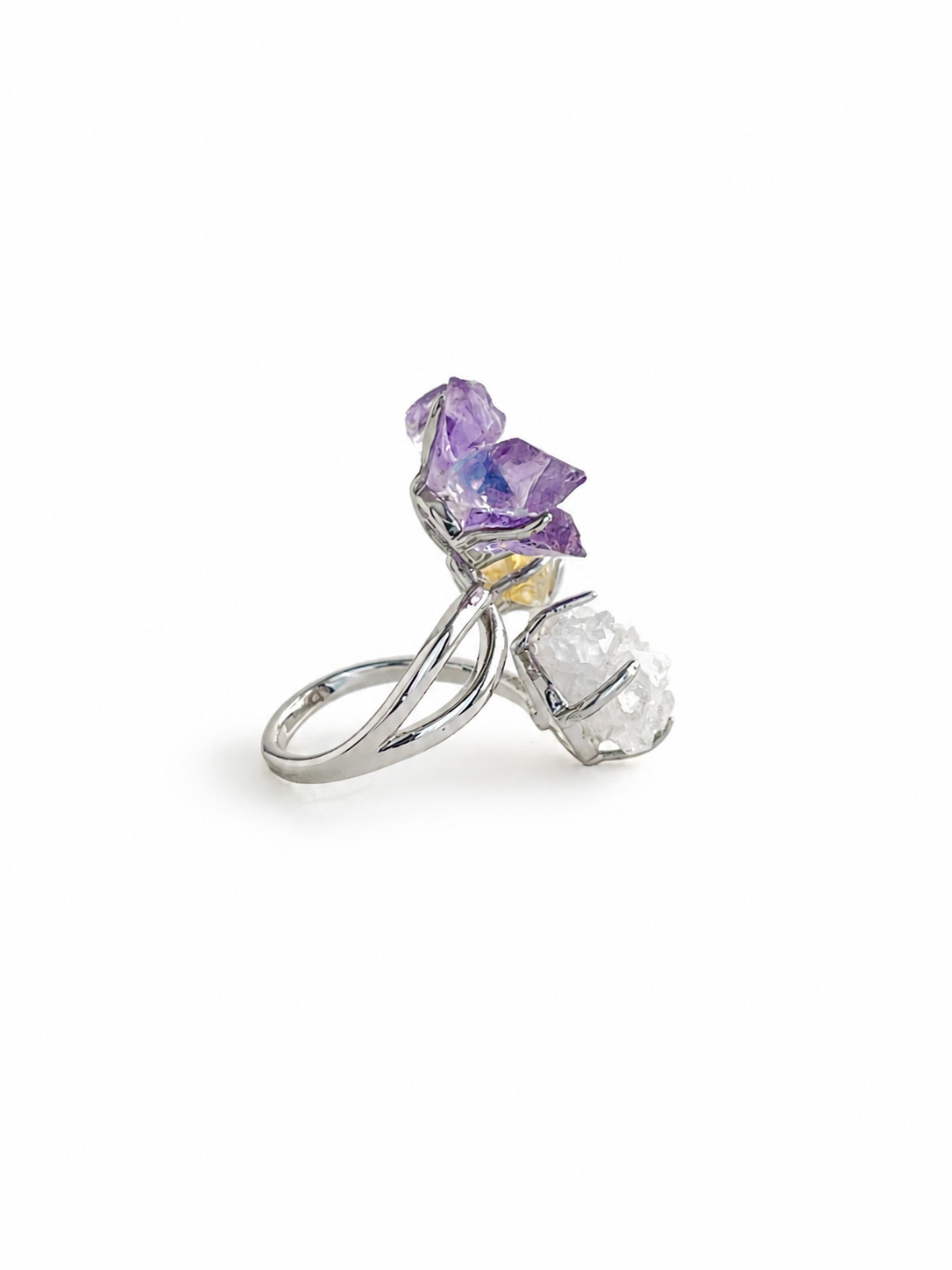 Side view of raw amethyst flower, blue apatite, citrine and apophyllite mineral specimen jewelry ring