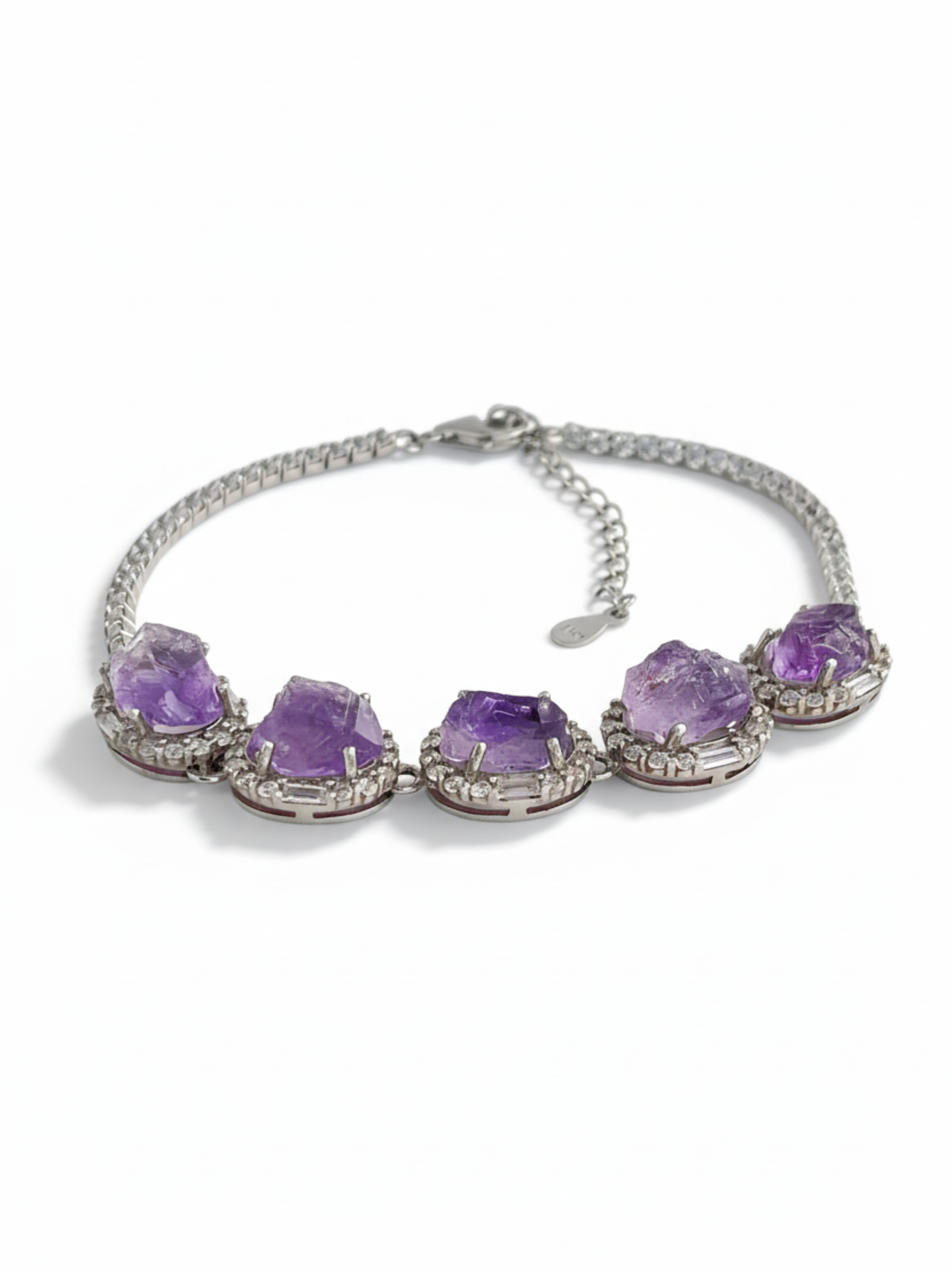 Side view of raw amethyst bracelet with extension chain