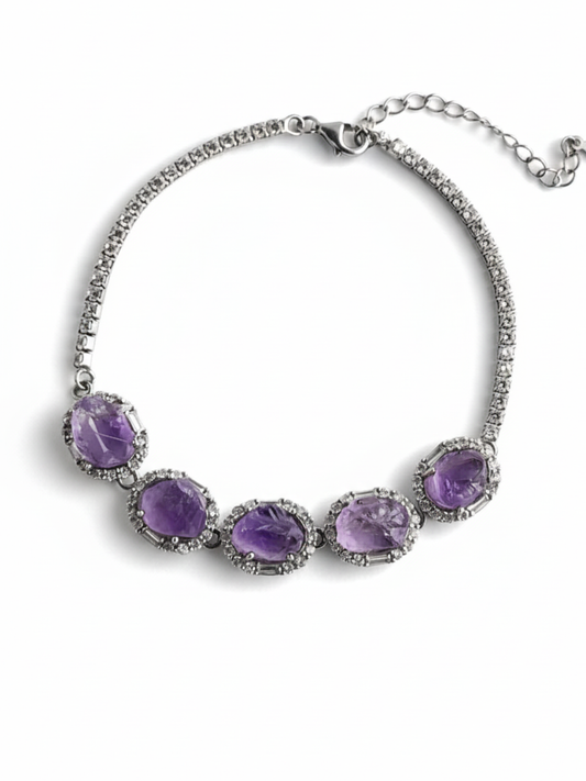 Raw amethyst bracelet with natural amethyst stones from Brazil in sterling silver