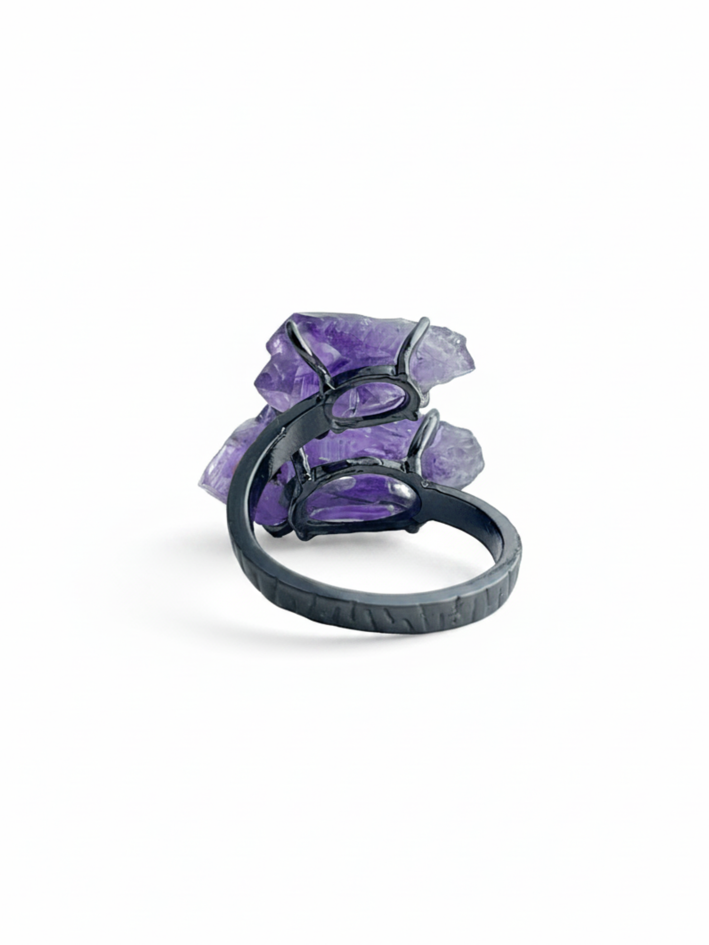 Back view of raw Brazilian Amethyst crystal ring with adjustable open band