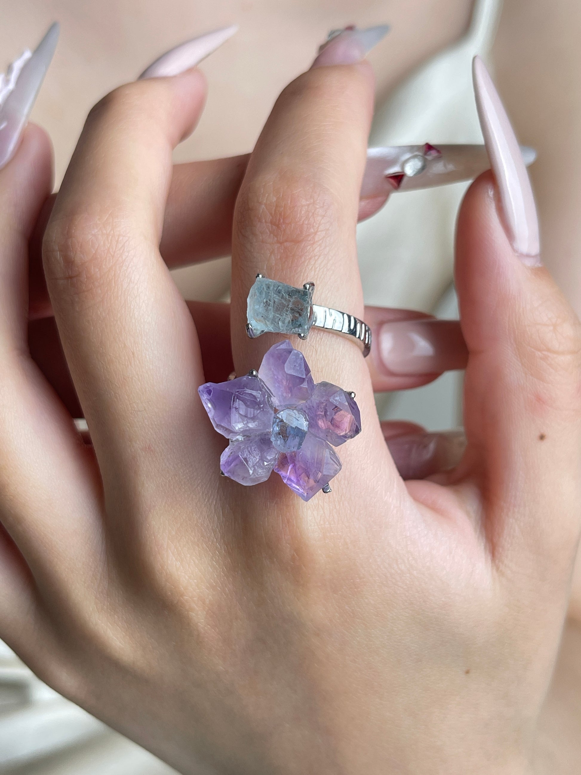 Back view of Raw Amethyst flower and Aquamarine ring with palladium plated band