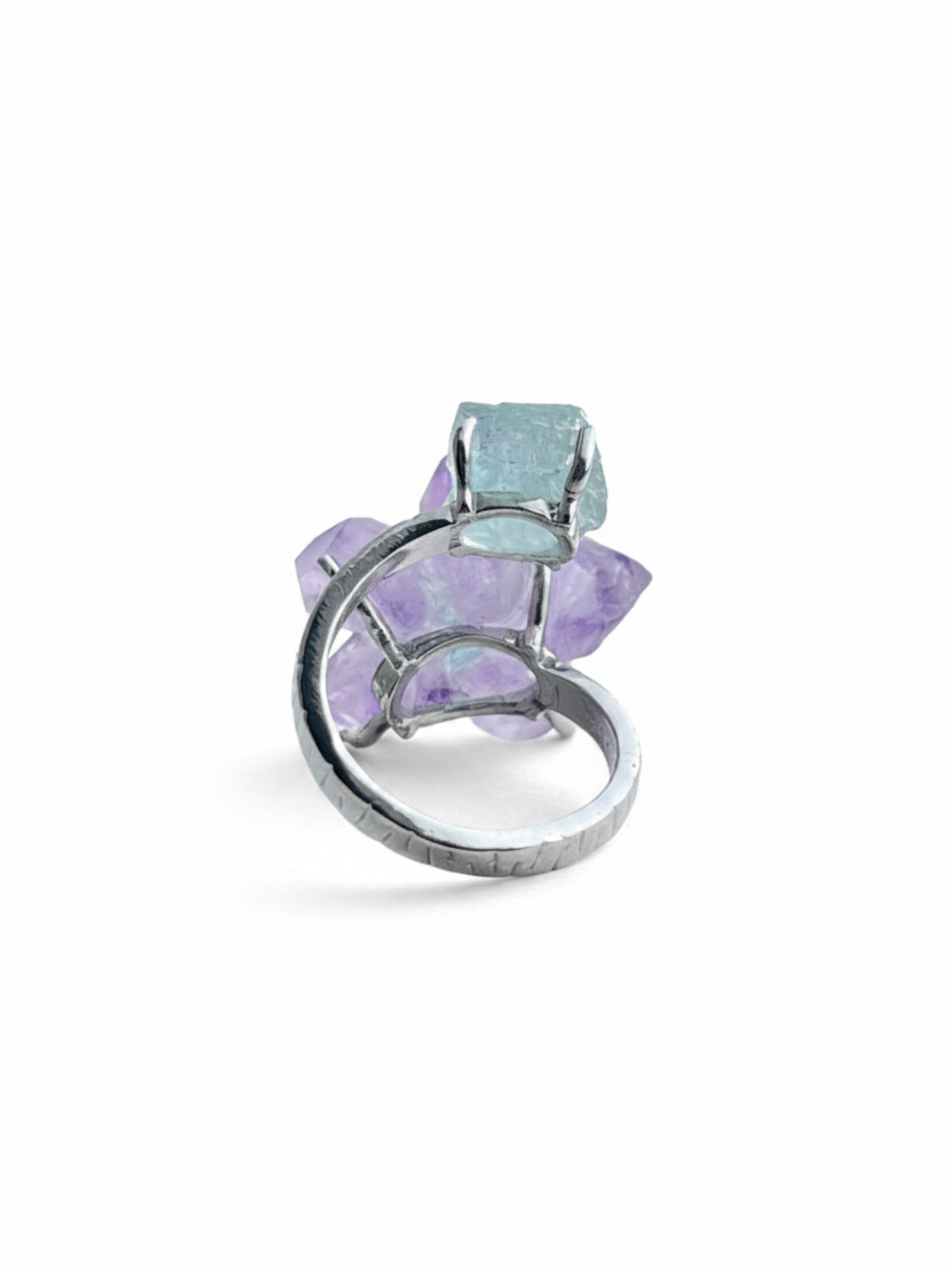 Back view of Raw Amethyst flower and Aquamarine ring with palladium plated band
