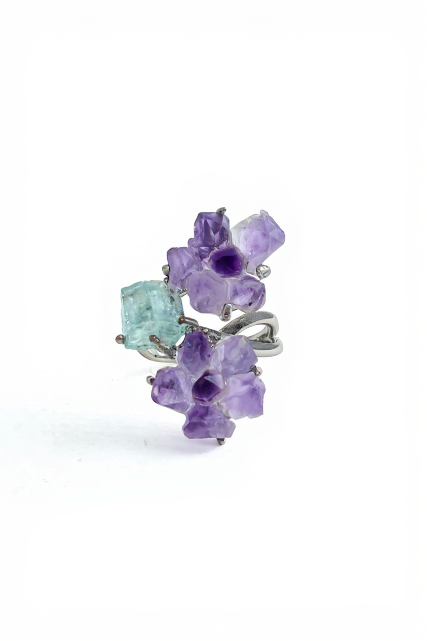 Raw Amethyst flower and Aquamarine ring front view