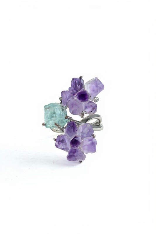 Raw Amethyst flower and Aquamarine ring front view