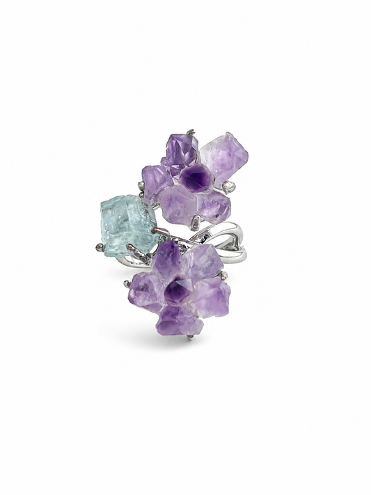 Raw Amethyst flower and Aquamarine ring front view