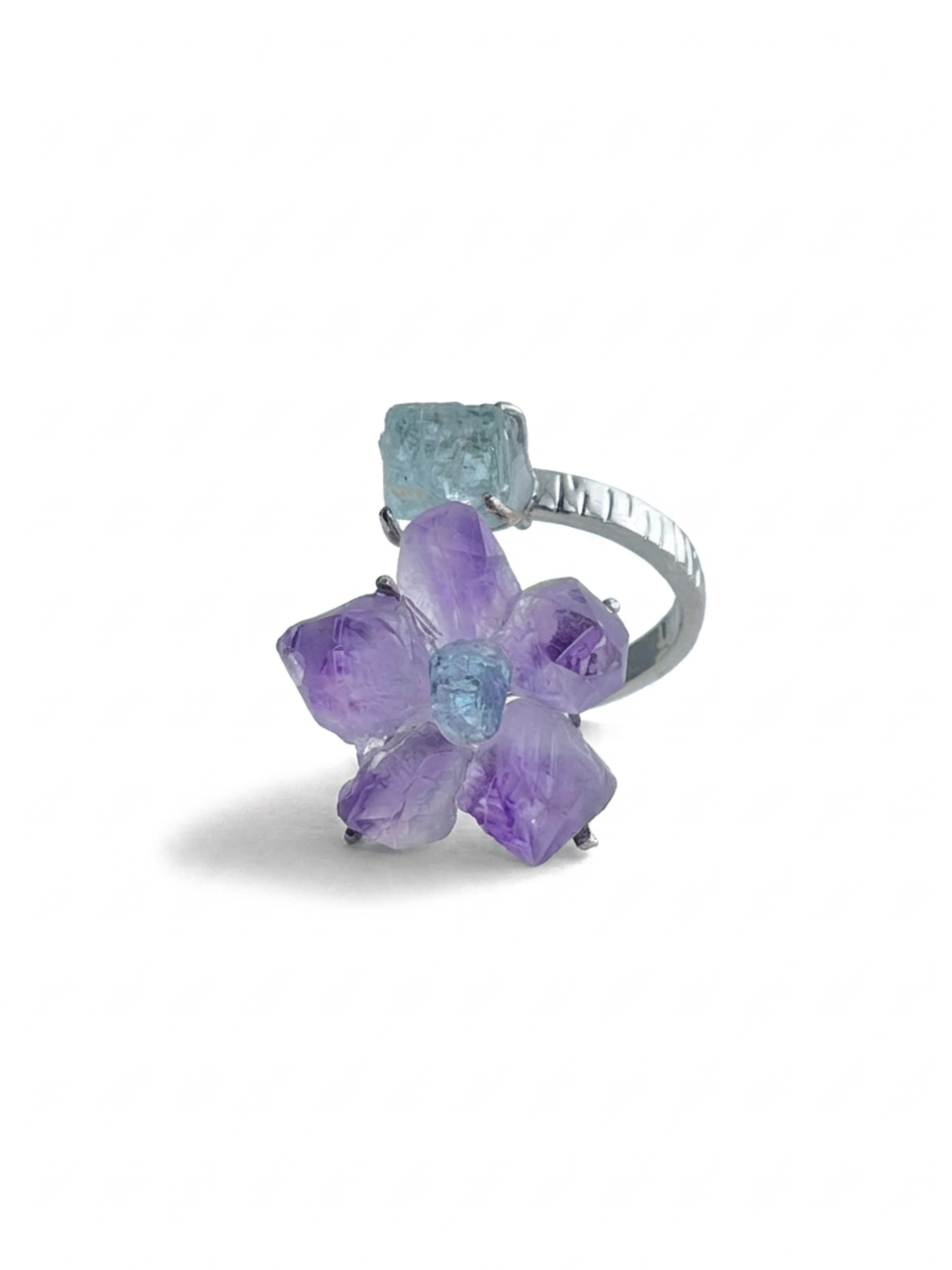 Raw Amethyst flower and Aquamarine two stone ring front view