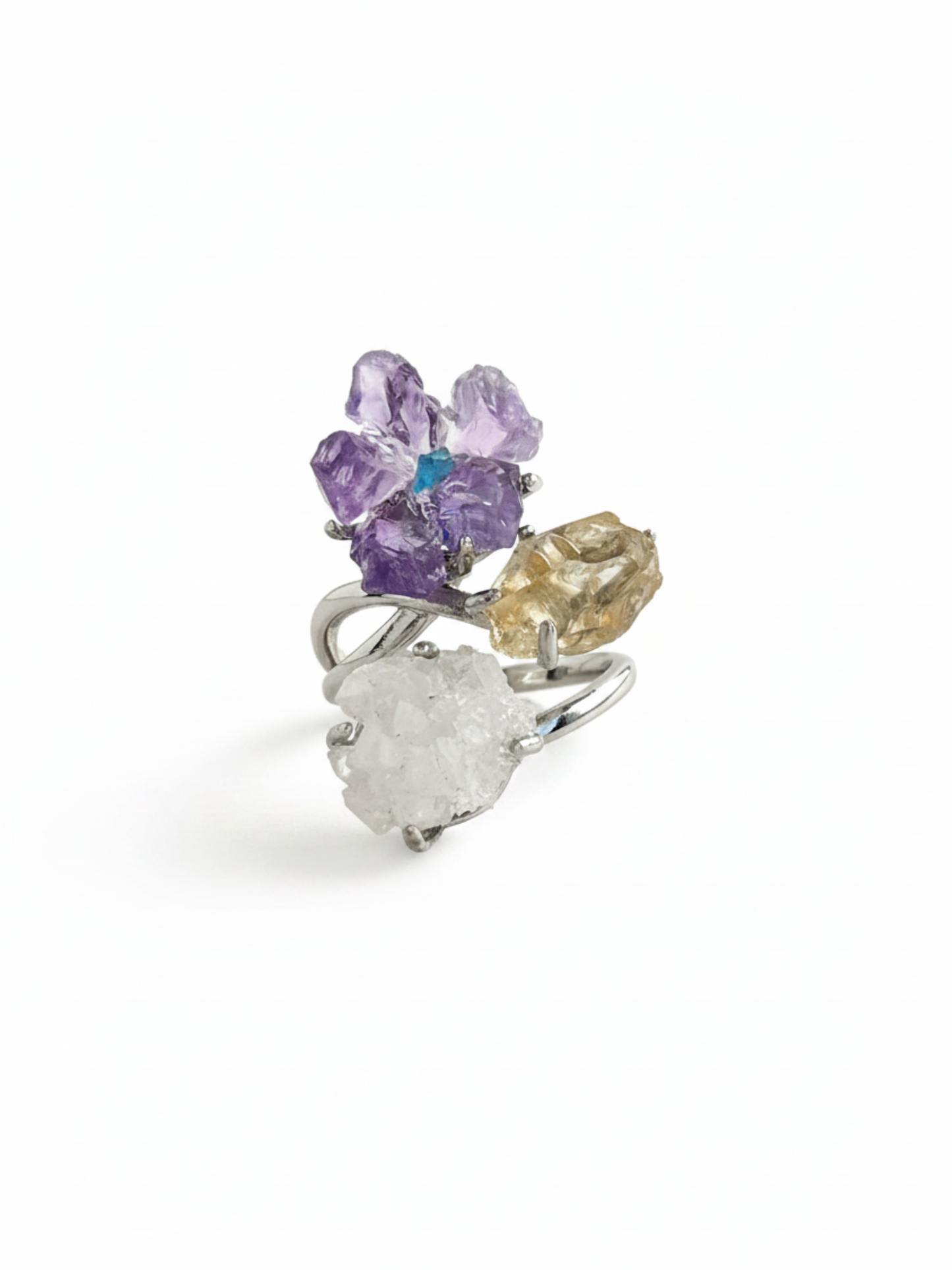 Raw amethyst flower, blue apatite, citrine and apophyllite crystal garden ring front view