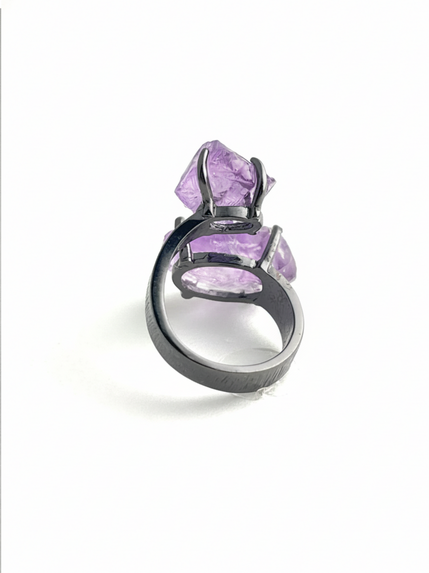 Back view of raw amethyst ring with open band design