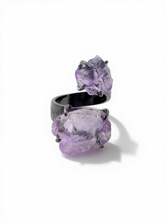 Raw Brazilian amethyst ring front view in black rhodium plated band