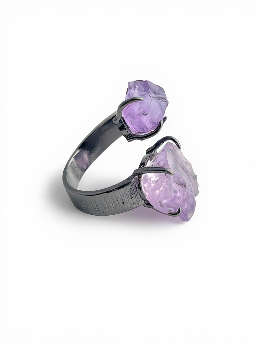 Side view of raw amethyst ring with adjustable band