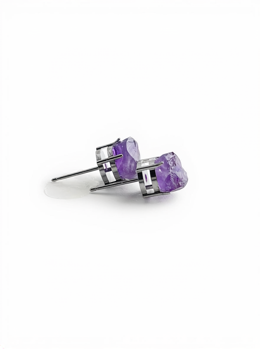 Raw Amethyst Stud Earrings side view