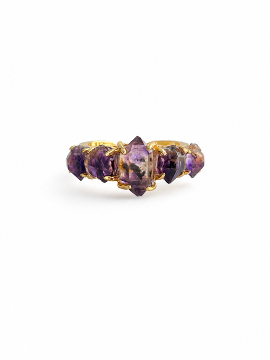 Raw Amethyst Super Seven crystal band ring front view
