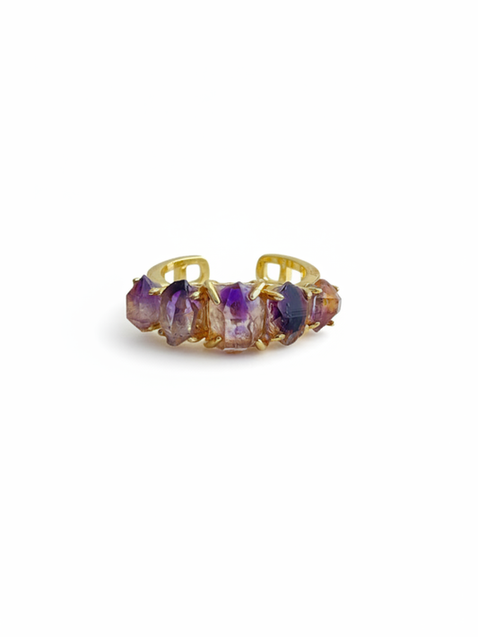 Raw Amethyst Super Seven crystal band ring front view