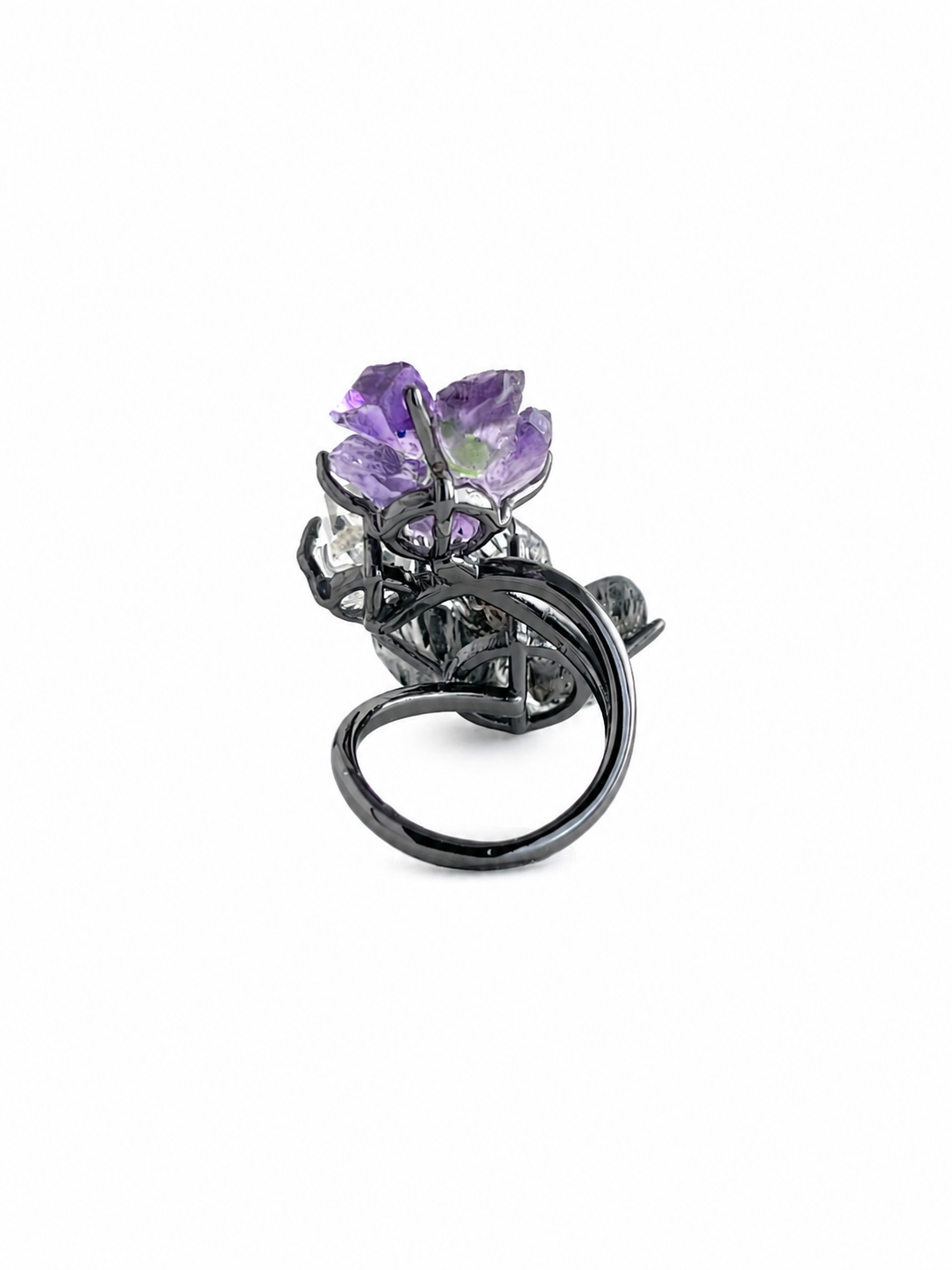 Back view of raw amethyst, tourmalinated quartz, chalcopyrite and Herkimer Diamond Quartz ring
