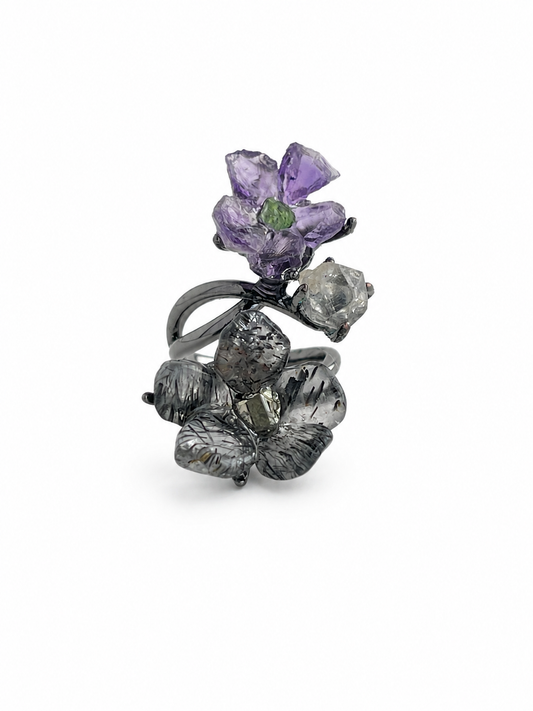 Raw amethyst flower, tourmalinated quartz flower and Herkimer Diamond Quartz crystal garden ring front view