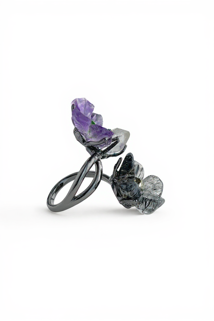 Side view of raw amethyst, tourmalinated quartz and Herkimer Diamond Quartz ring with gunmetal tone band