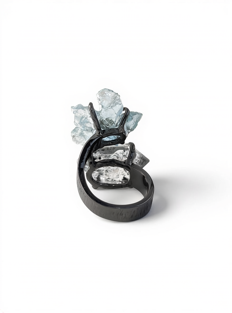 Back view of raw Aquamarine flower ring with Hakima Diamond Quartz