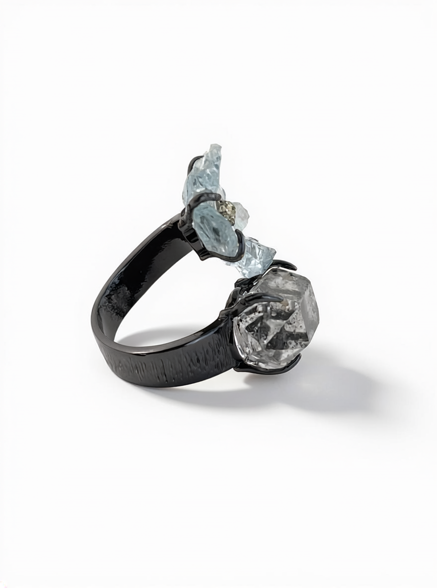 Side view of raw Aquamarine flower ring with Hakima Diamond Quartz and Chalcopyrite
