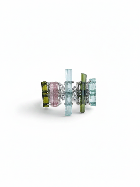 Raw aquamarine, green tourmaline and morganite ring with natural crystal forms in a silver-tone setting