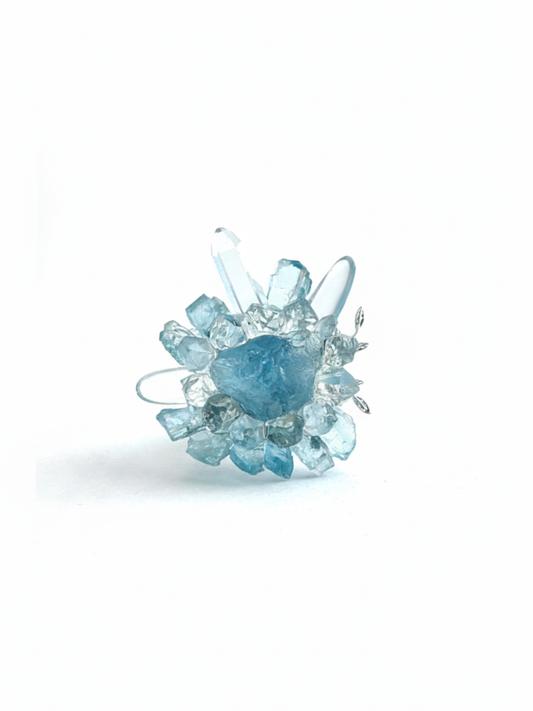 Raw aquamarine Herkimer Diamond Quartz and clear quartz flower ring front view