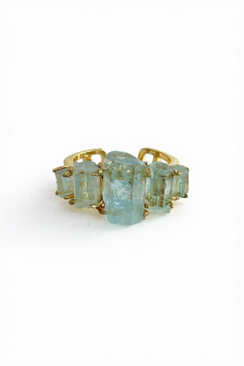 Raw Aquamarine hexagonal column band ring front view