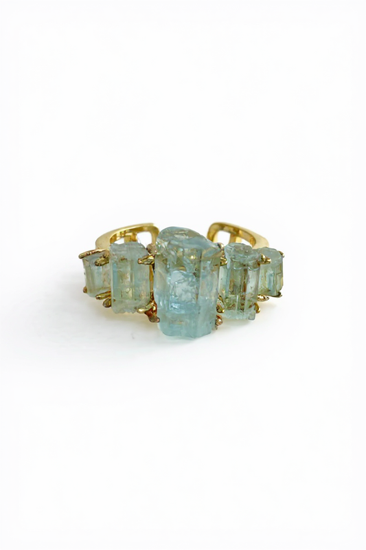 Raw Aquamarine hexagonal column band ring front view