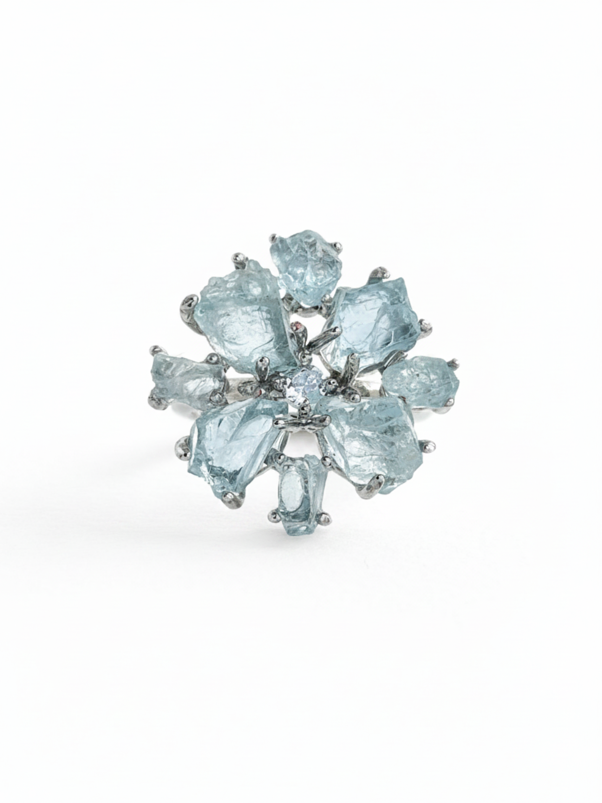 Raw aquamarine snowflake ring with icy blue natural crystals in a silver tone setting