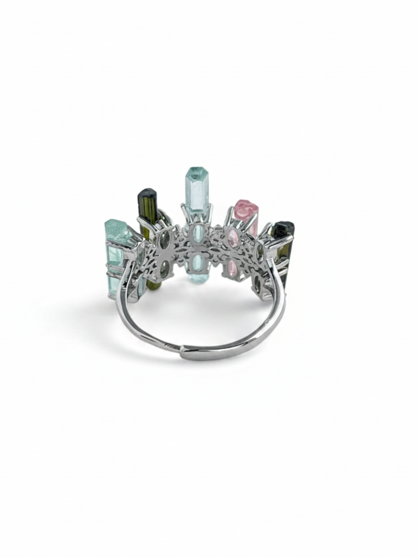 Back view of raw aquamarine, green tourmaline and morganite ring with adjustable open band and silver-tone finish