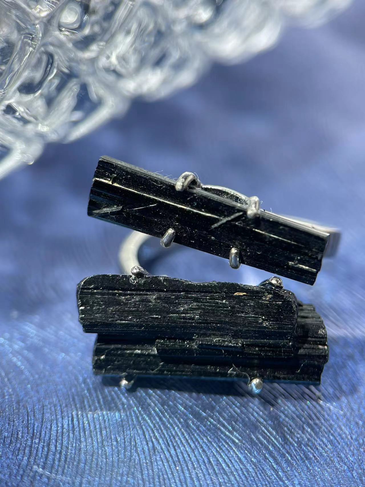 Black Tourmaline Raw Twin Crystal Ring