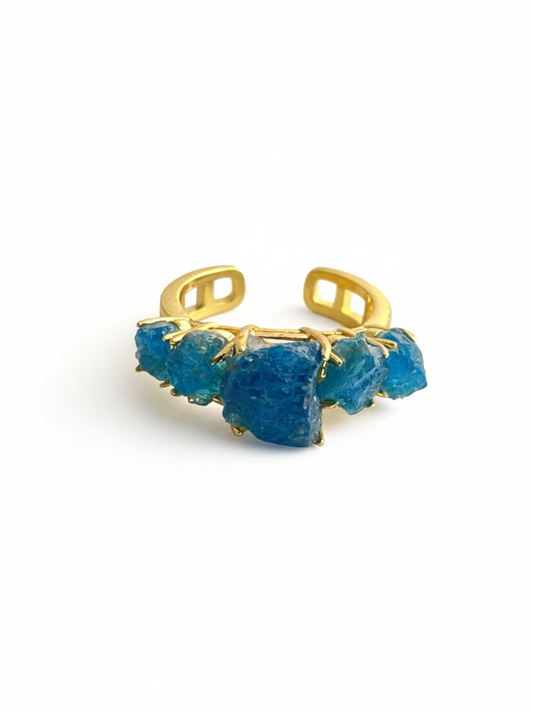 Raw Blue Apatite row ring front view
