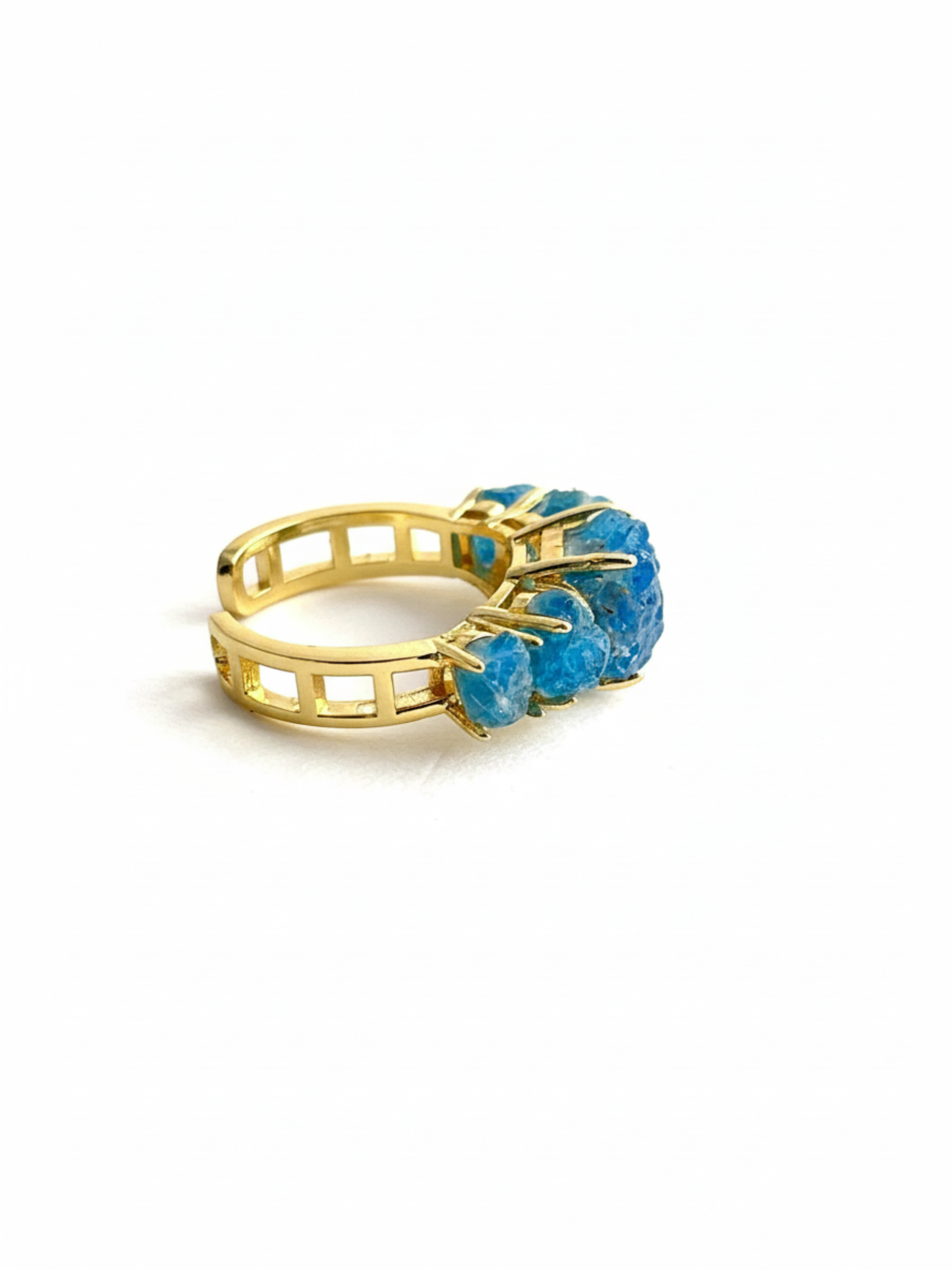 Side view of Raw Blue Apatite row ring
