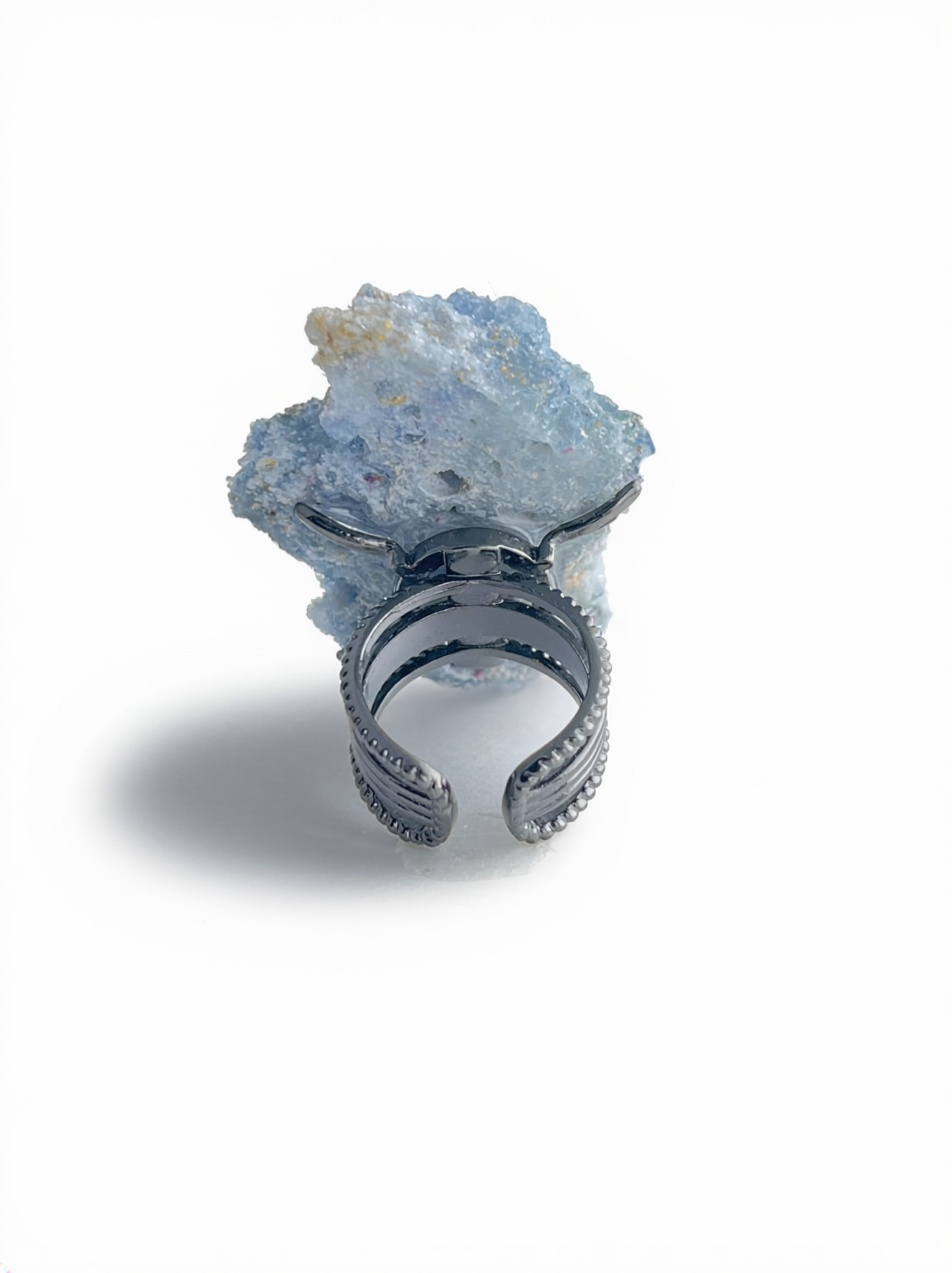 Back view of Raw Blue Sapphire Crystal Cluster Ring and adjustable open band