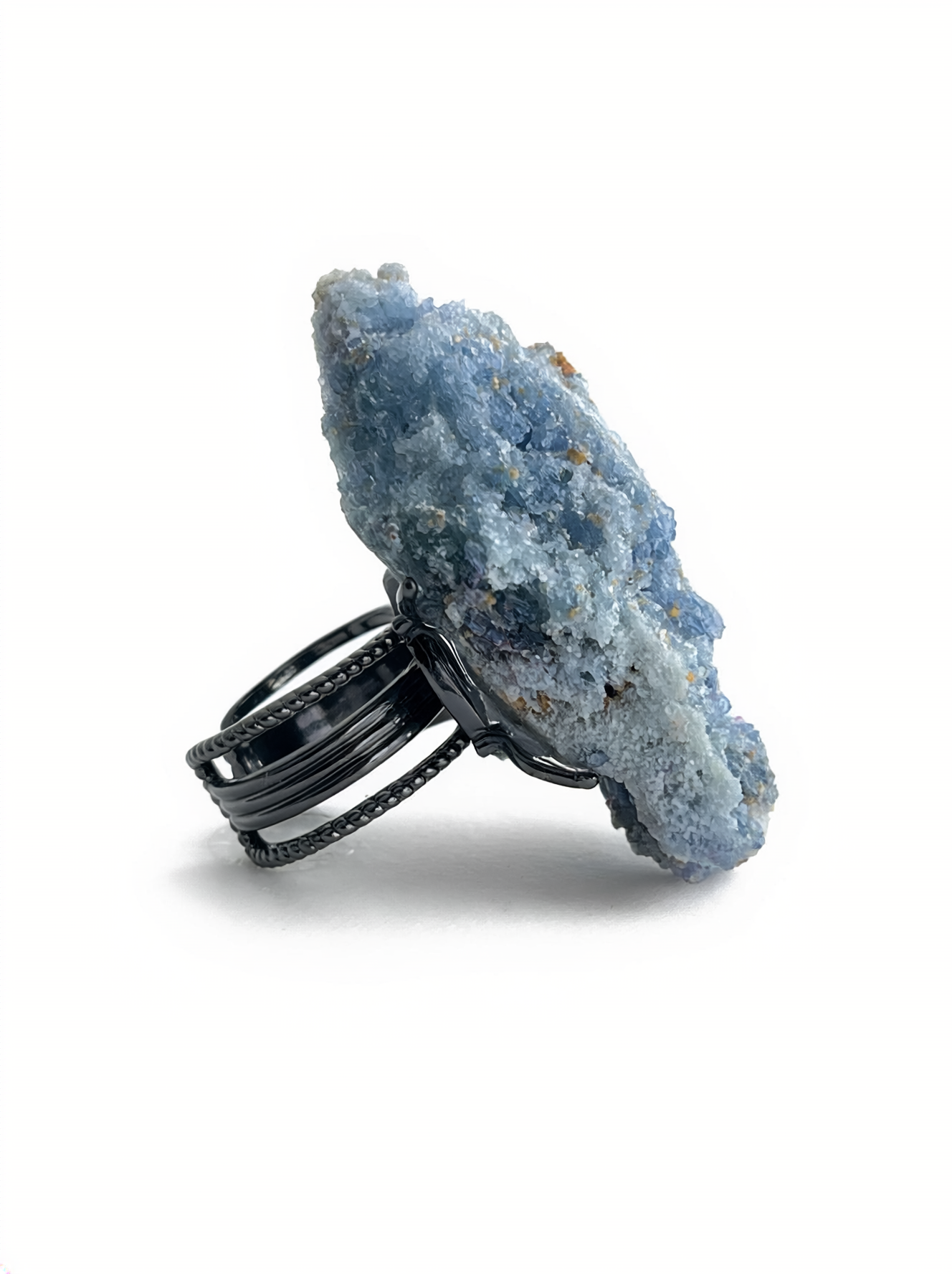 Side view of Raw Blue Sapphire Crystal Cluster Ring with palladium plated band