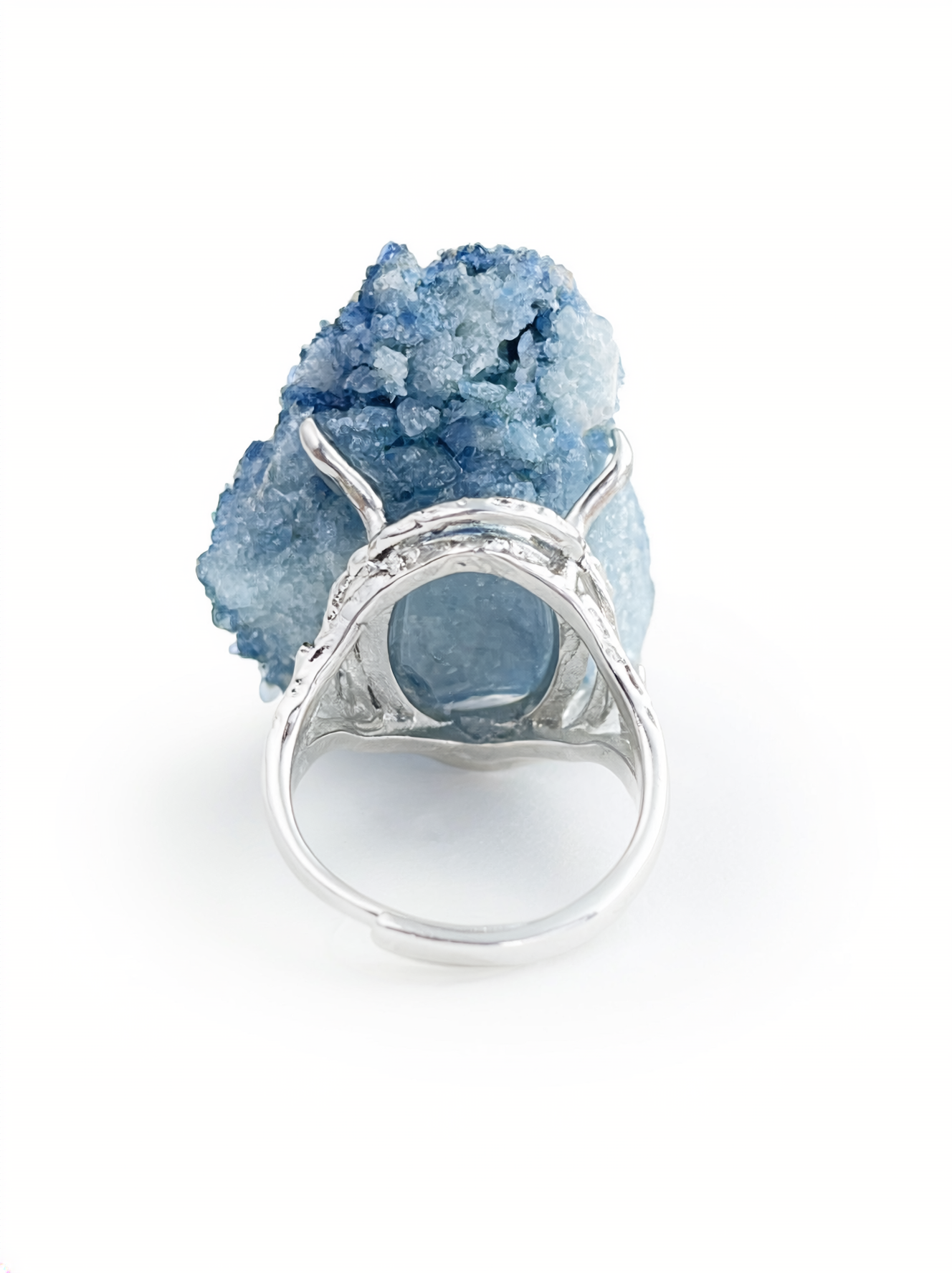 Back view of a raw Blue Sapphire crystal cluster ring.